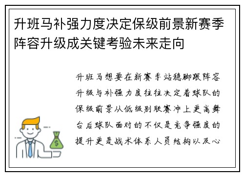 升班马补强力度决定保级前景新赛季阵容升级成关键考验未来走向